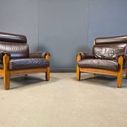 Vintage rustic brown leather and oak armchairs, 1960s - set of 2