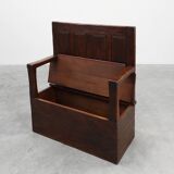 Rustic solid oak carved bench with storage compartment, France 19th century