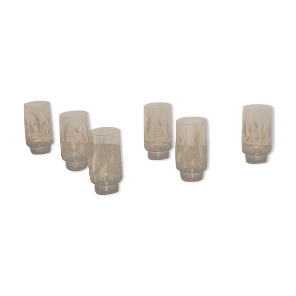 Lot de 8 verres vintage en verre fumé décor champêtre "épi de blé