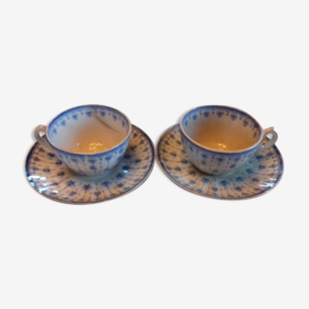 2 old coffee cups with their saucer, with blue bee patterns