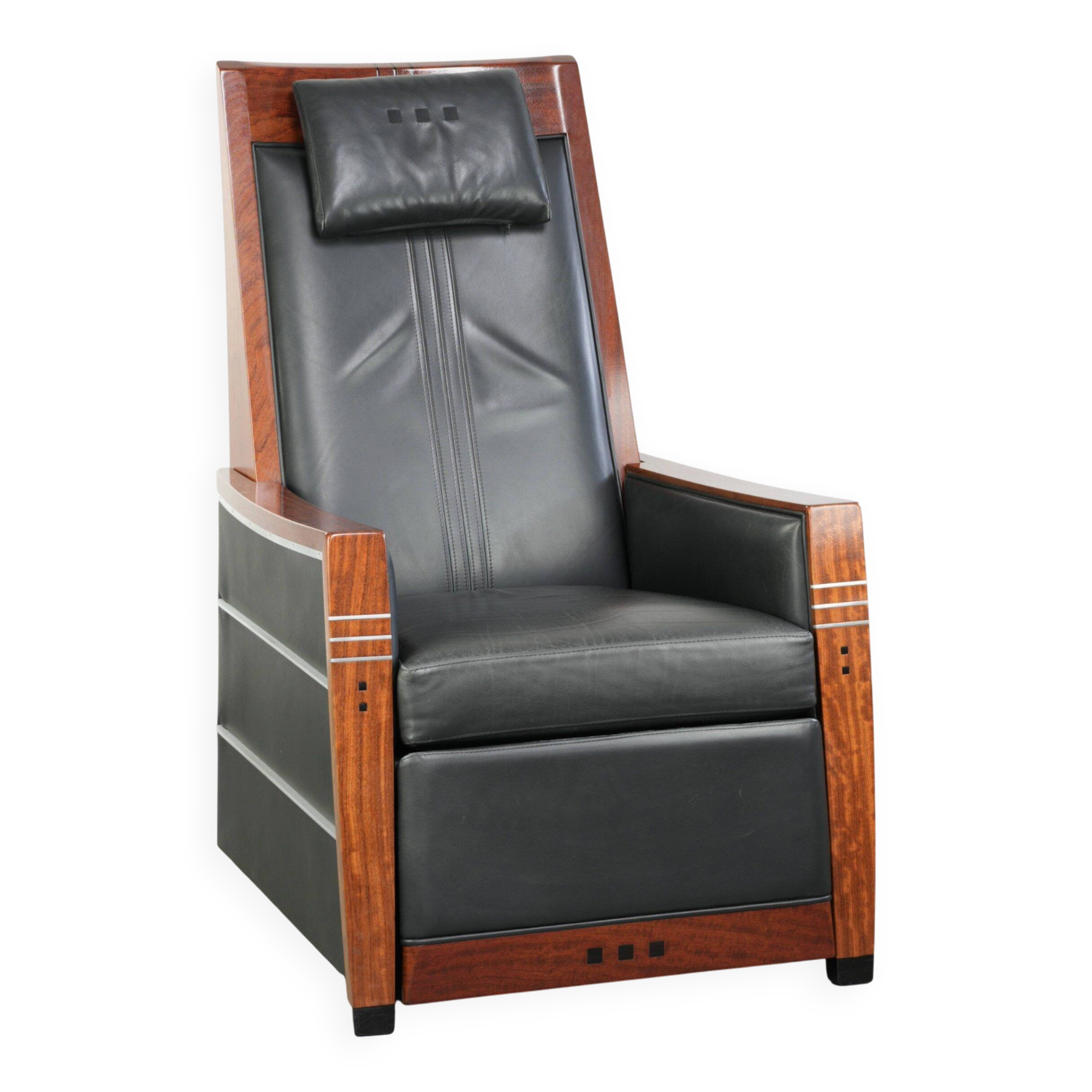 Electrically adjustable Art Deco design recliner with black cowhide leather
