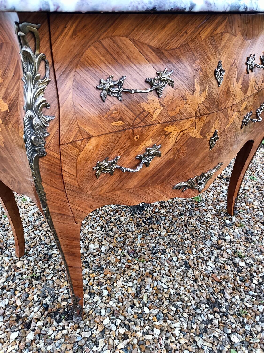 Old marquetry chest of drawers, Louis XV style marble top