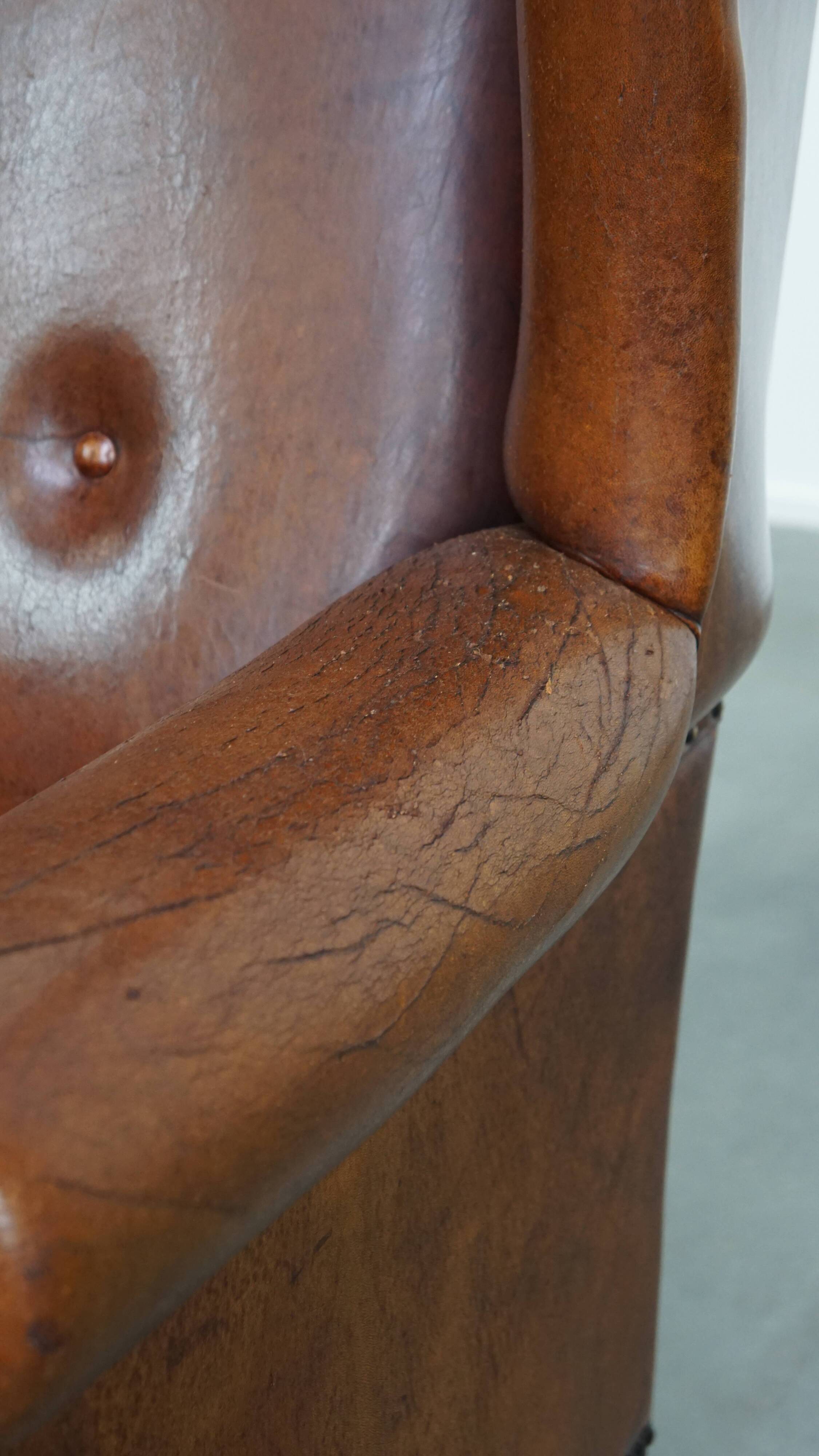 Large Vintage Sheepskin Leather Wingback Chair