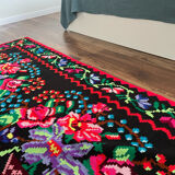Vintage Romanian handwoven carpet with floral colorful design