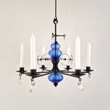 Art glass and wrought iron candelabra chandelier by Erik Höglund for Boda, Sweden 1960's