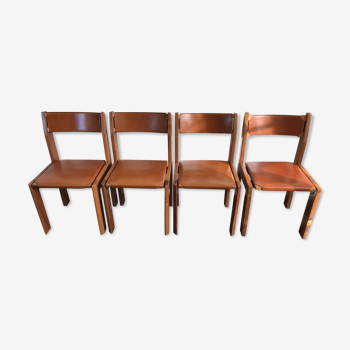 Set of 4 elm chairs and leather, 80s