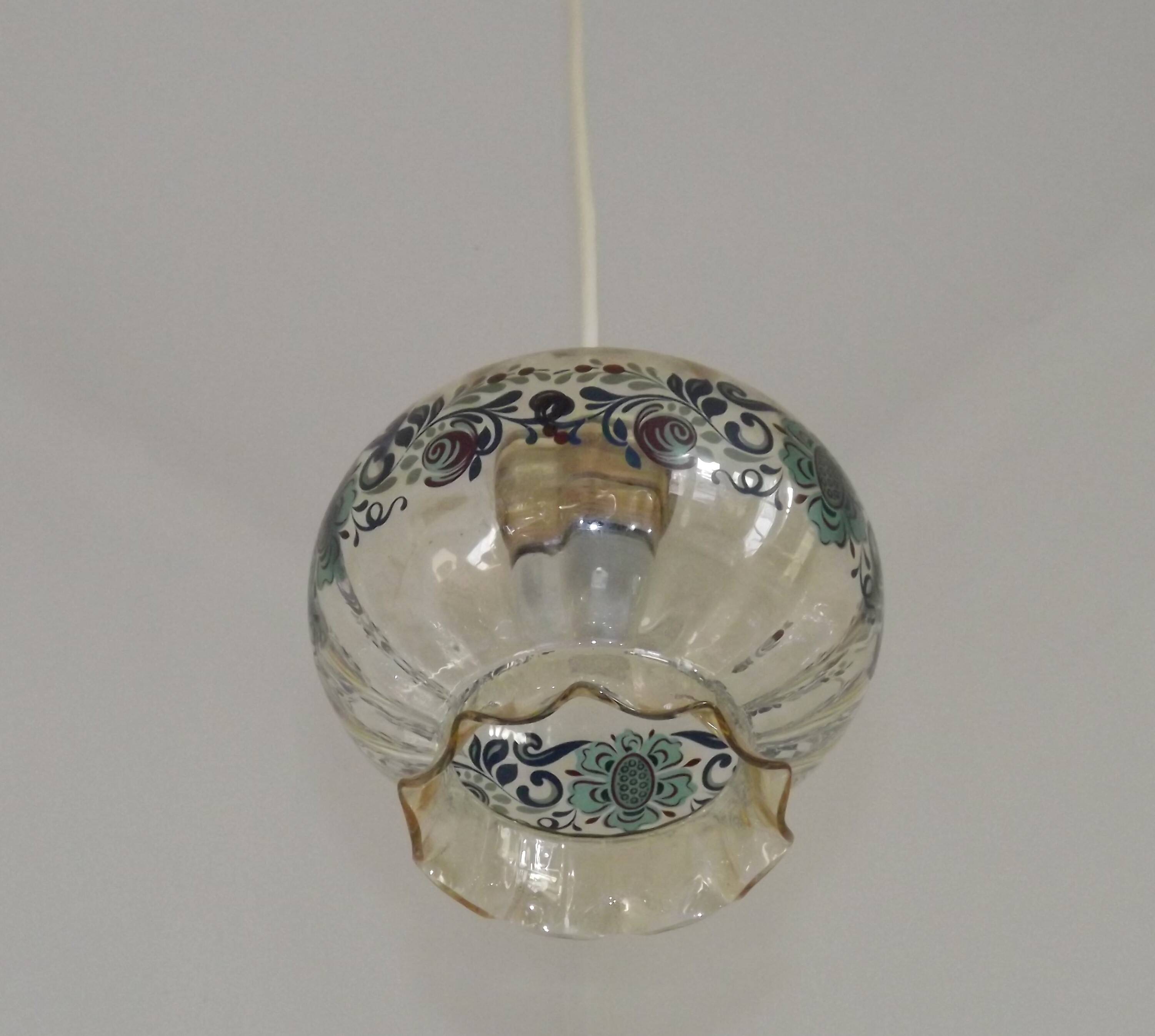 French Vintage Clear Glass Ceiling Light with Colourful Floral Decoration