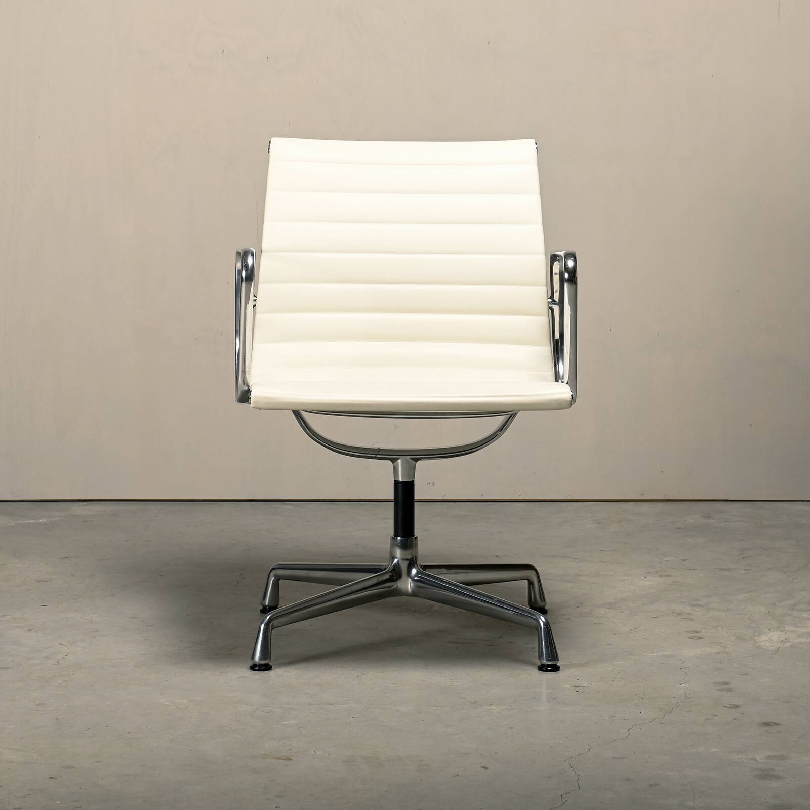 Charles & Ray Eames EA108 Dining Chair in Polished Aluminum and White leath