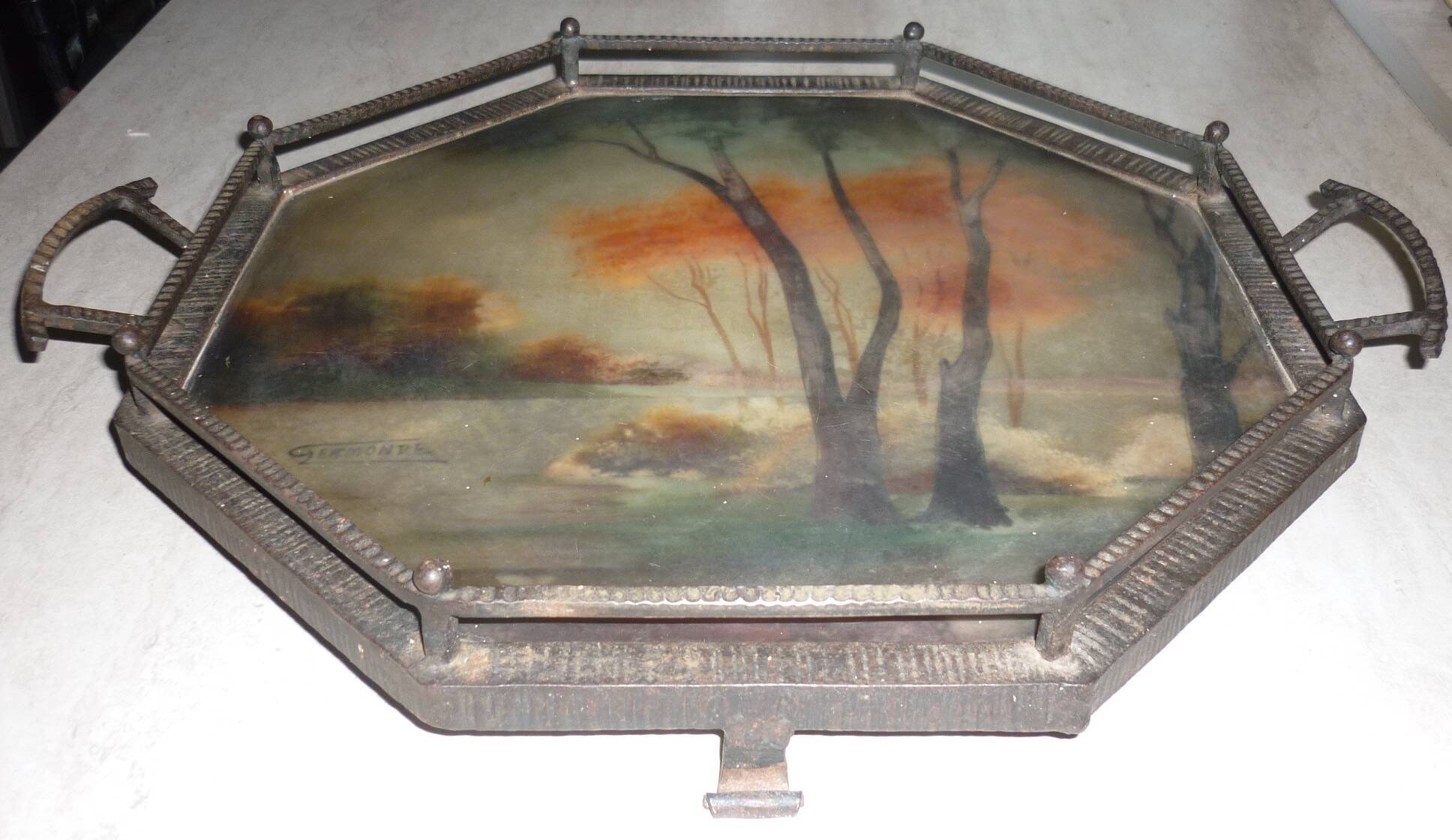 Art Deco hammered iron plateau or centrepiece table signed Germonde.