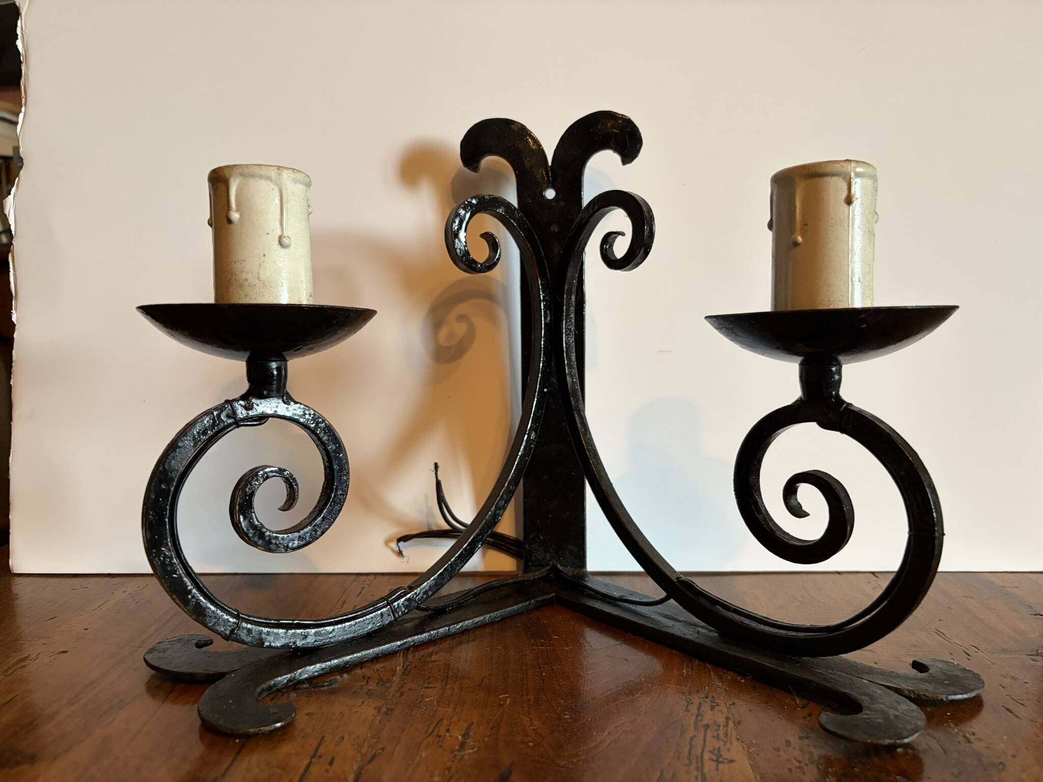 Vintage black wrought iron wall sconce with 2 lights – 1950s/60s