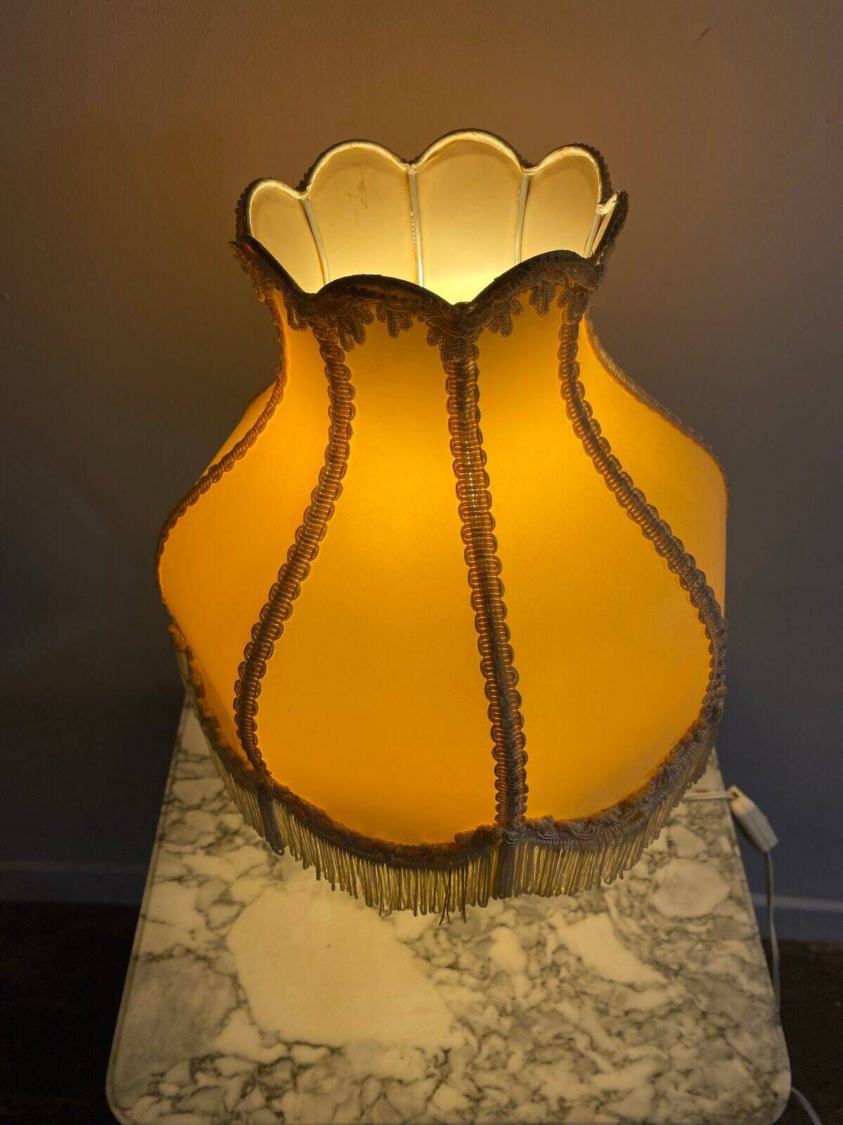 Alabaster lamp, frilled shade with fringes, 1930s-1940s.