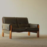 Olive leather two seater sofa, 1970'