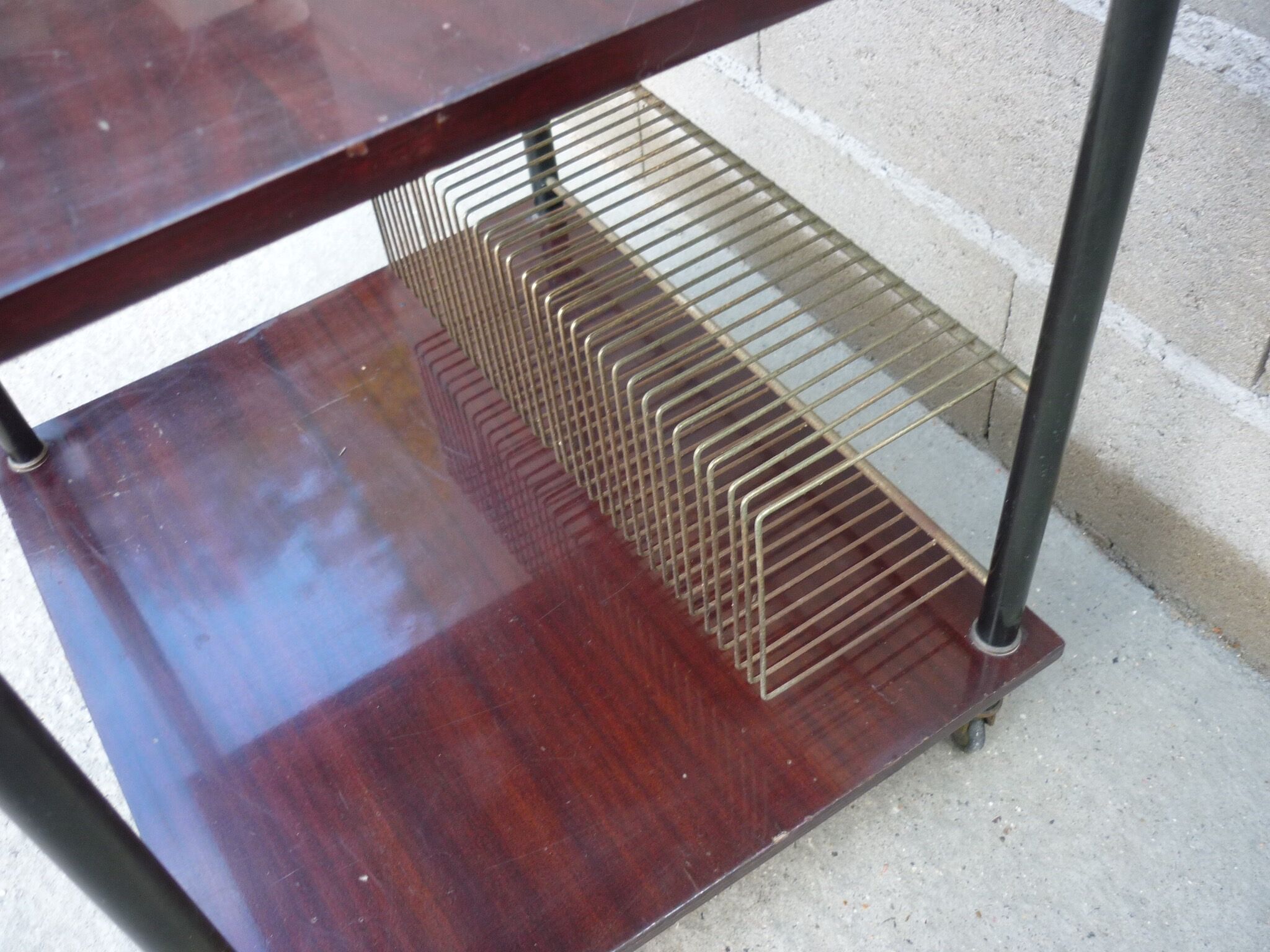 Wooden vintage table on wheels
