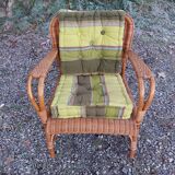4 armchairs and a coffee table made of rattan and bamboo wood, vintage.