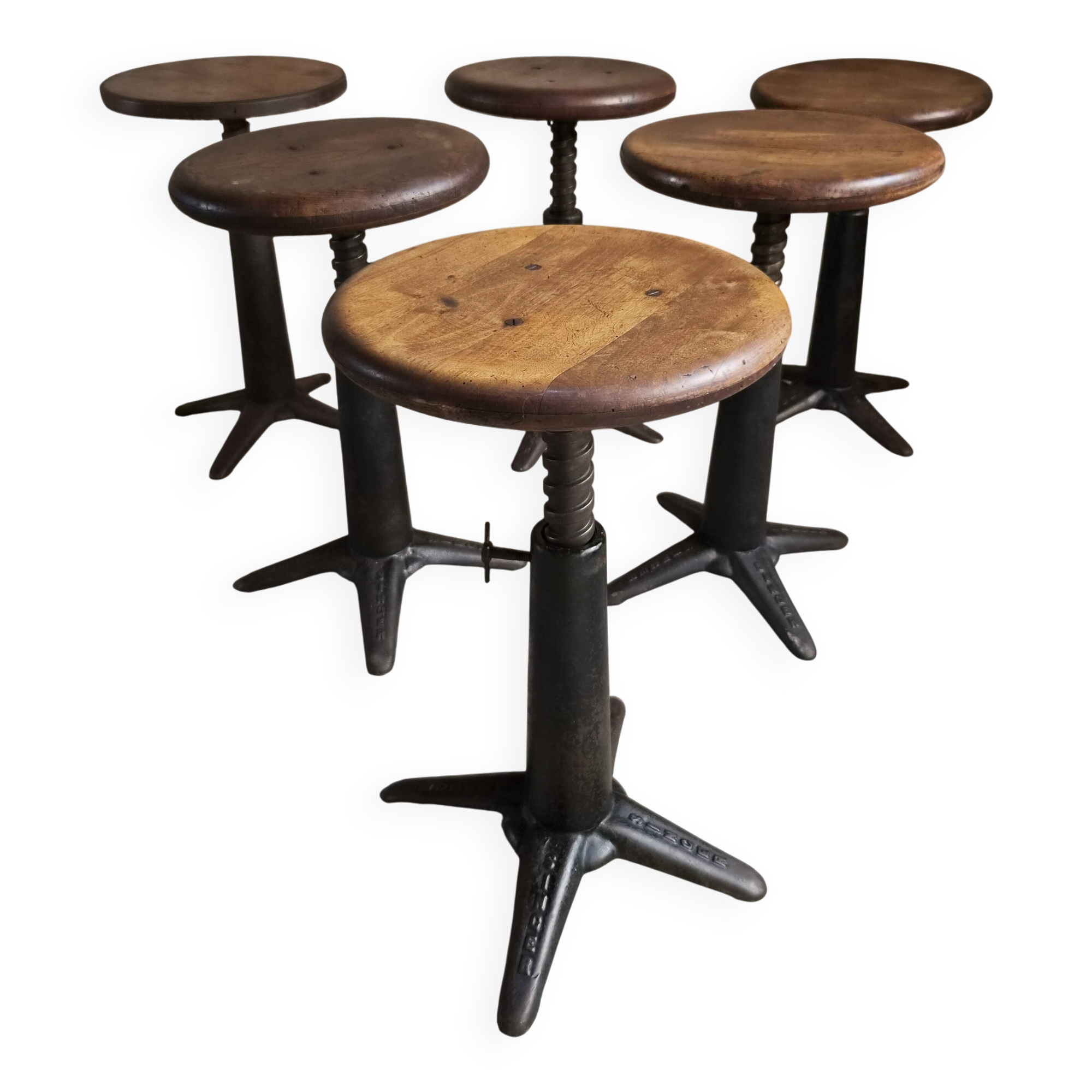 Ensemble de 6 tabourets industriels réglables Singer anciens, France, vers 1900–1930
