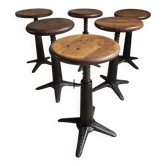 Ensemble de 6 tabourets industriels réglables Singer anciens, France, vers 1900–1930