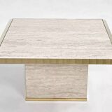 1970s square coffee table in travertine and brass