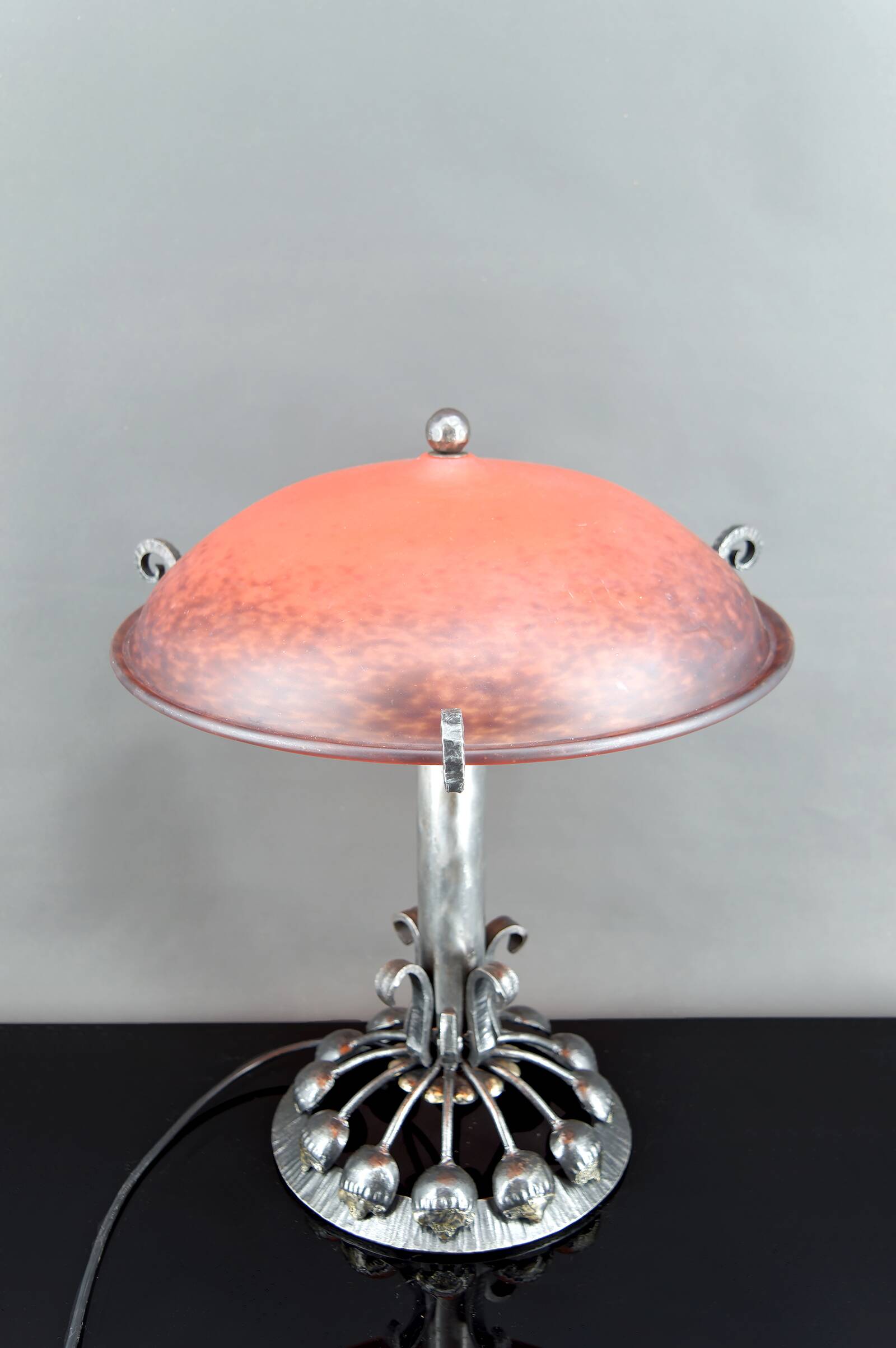 Important Stylized Wrought Iron Lamp with Glass Dome, c. 1930