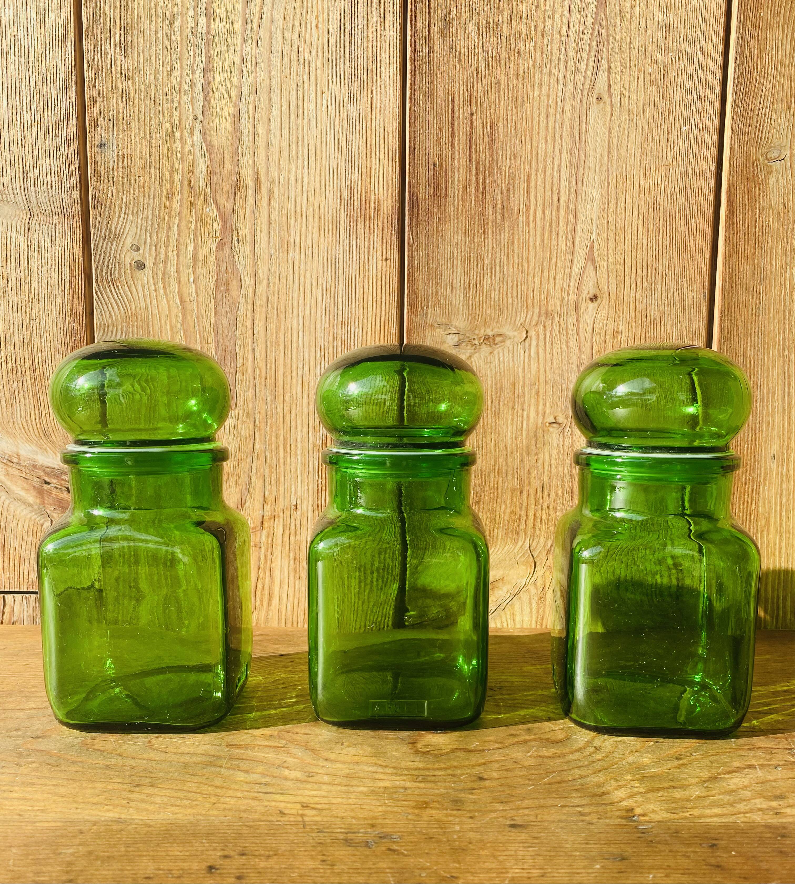 Set of 3 Ariel vintage green glass jars