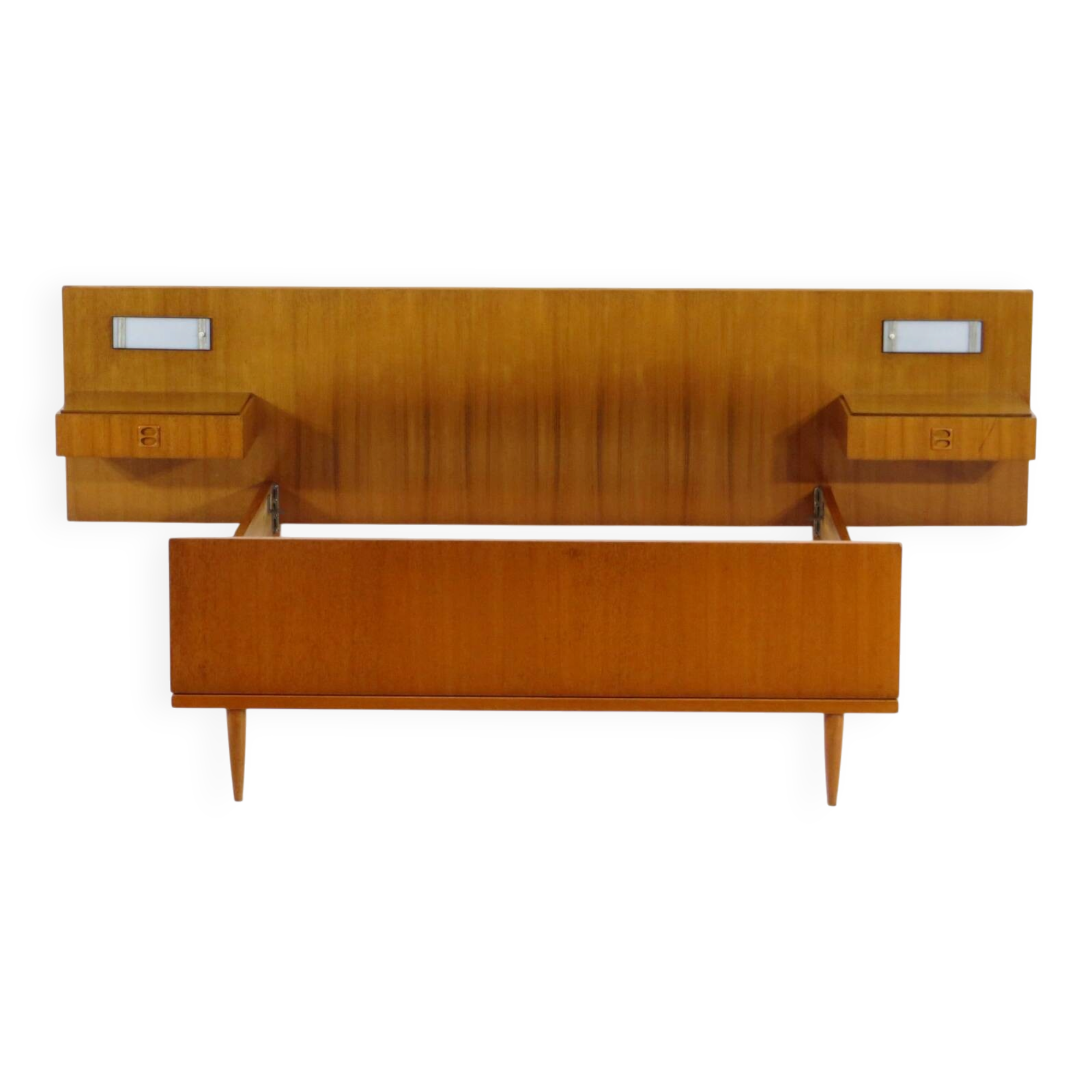 Vintage mid century double bed in teak + floating nightstands & lighting