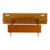 Vintage mid century double bed in teak + floating nightstands & lighting