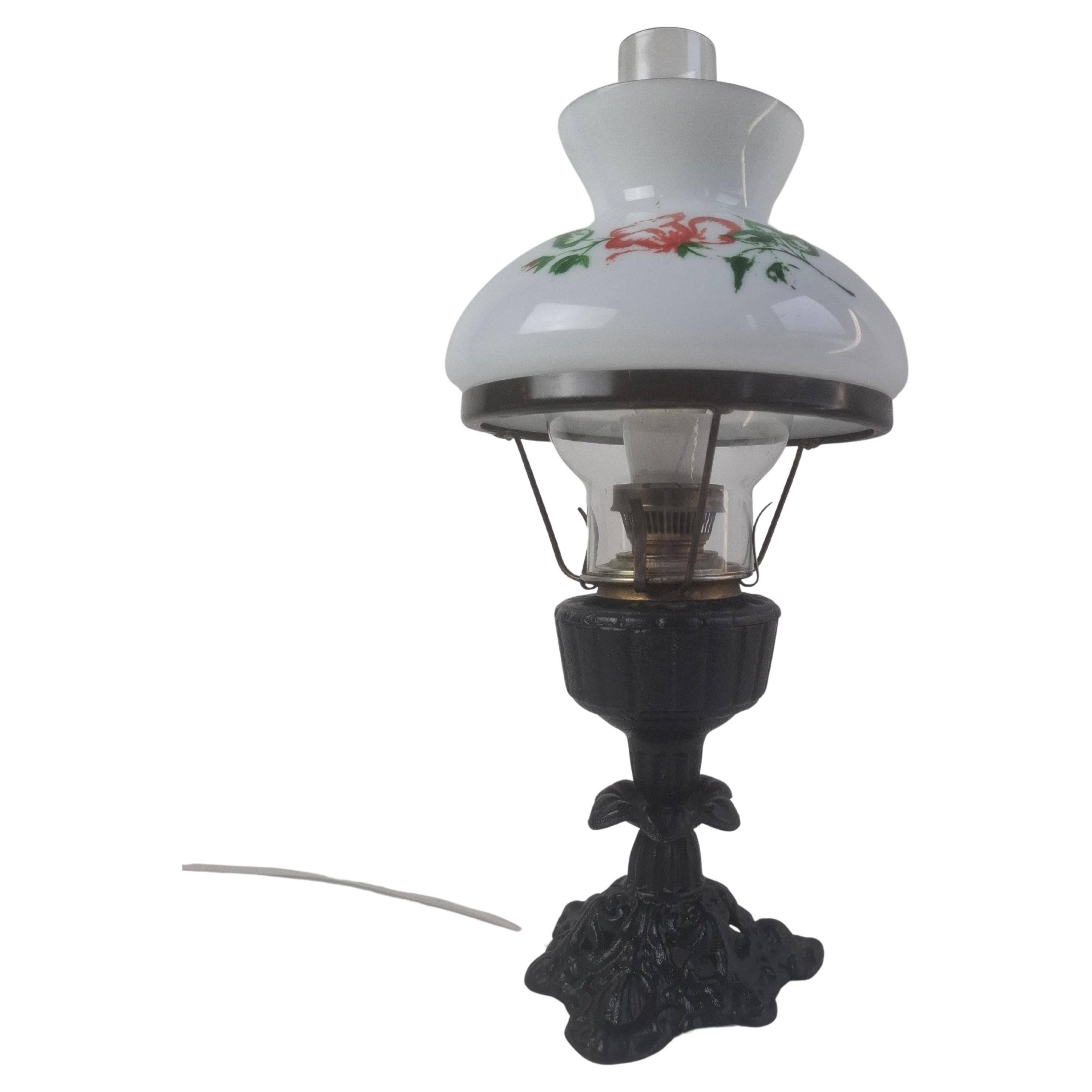 Mid-century Czech cast iron glass lamp vintage floral shade home lighting