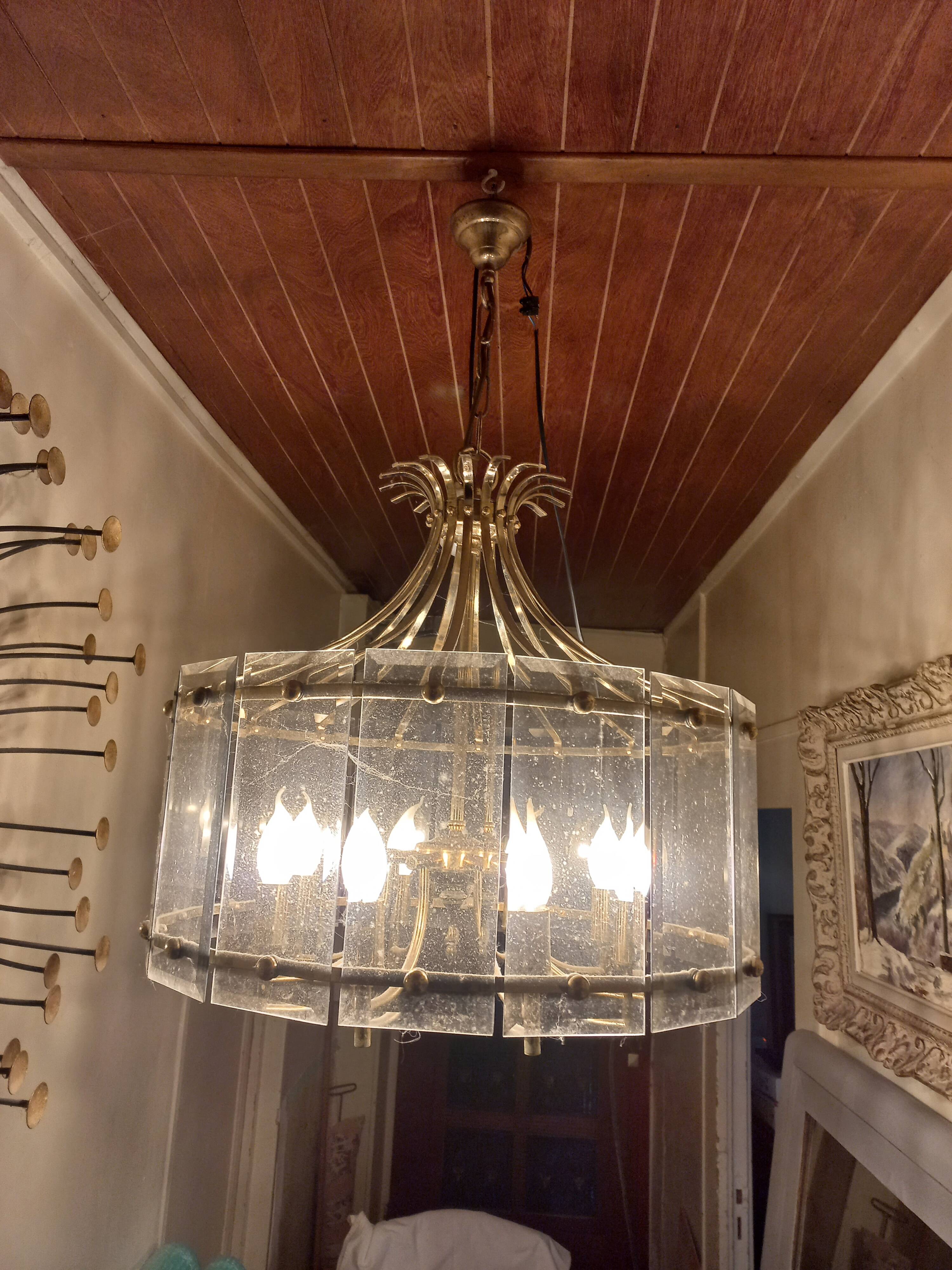 70s designer chandelier with smoked glass plates and gold metal frame