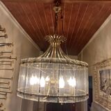 70s designer chandelier with smoked glass plates and gold metal frame