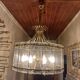 70s designer chandelier with smoked glass plates and gold metal frame