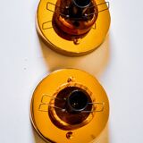 Pair of "cocoon" wall lights, pear shape, resin and pine, Italy, 1970