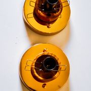 Pair of "cocoon" wall lights, pear shape, resin and pine, Italy, 1970