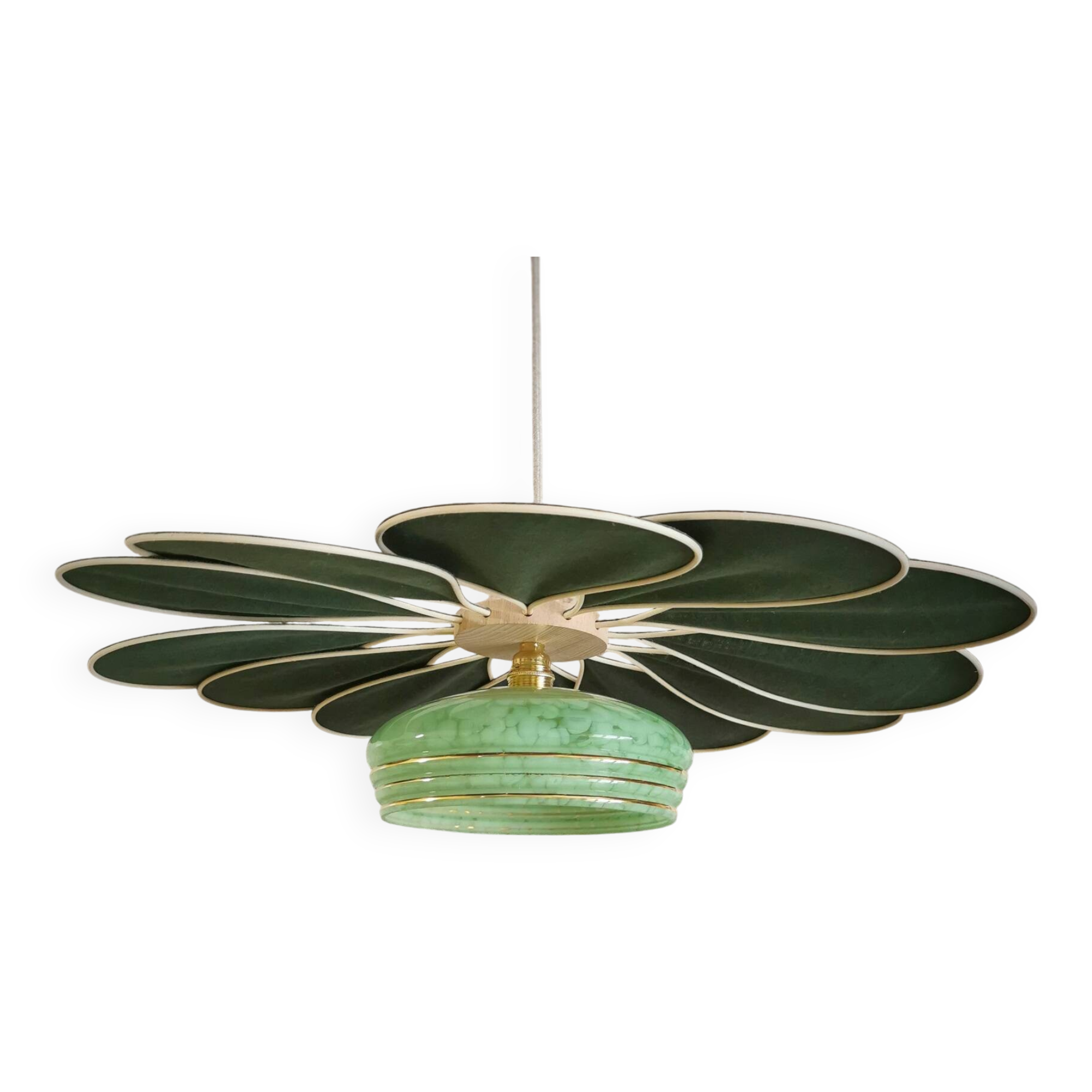 Rattan and Green Linen Flower Pendant Light and Vintage Clichy Glass Globe