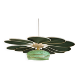 Rattan and Green Linen Flower Pendant Light and Vintage Clichy Glass Globe