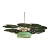 Suspension Fleur en Rotin et Lin Vert et Globe vintage en verre de Clichy