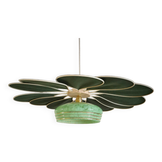 Suspension Fleur en Rotin et Lin Vert et Globe vintage en verre de Clichy