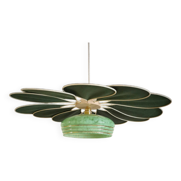 Rattan and Green Linen Flower Pendant Light and Vintage Clichy Glass Globe