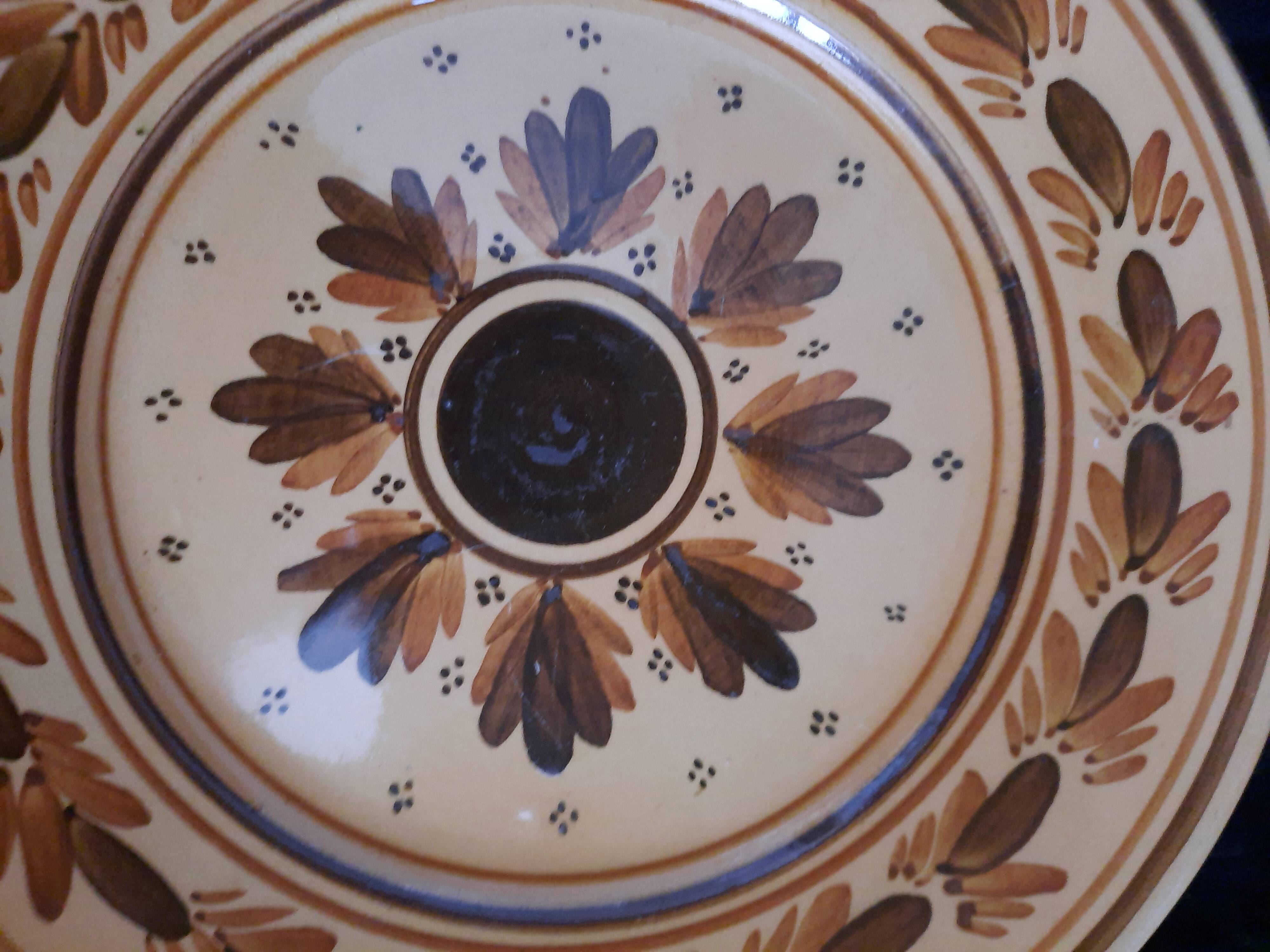 Old HB Quimper Plate Ceramic Geometric Floral Design Brown Yellow