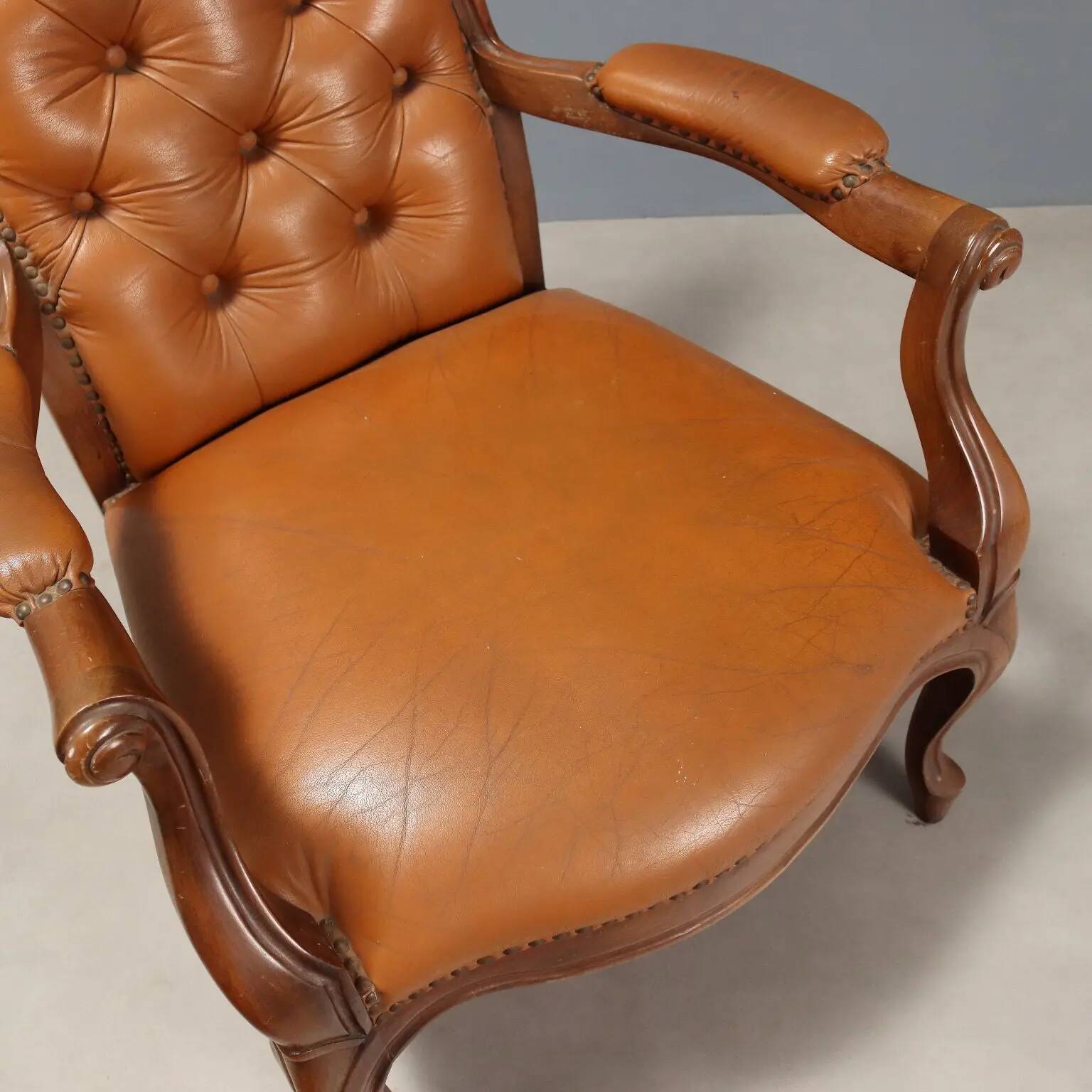 Antique walnut and leather armchairs, Italy, 20th century