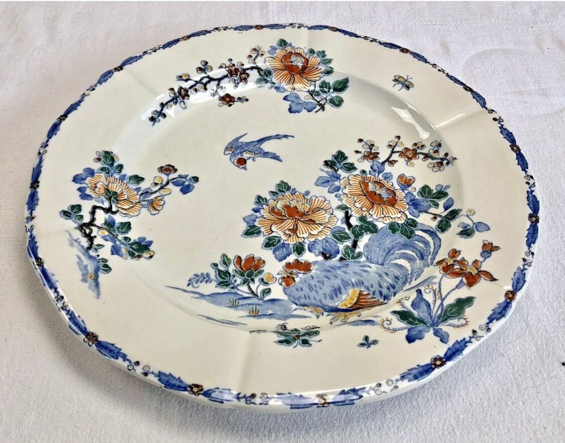Large flat Gien rooster model and peonies 1938 1960