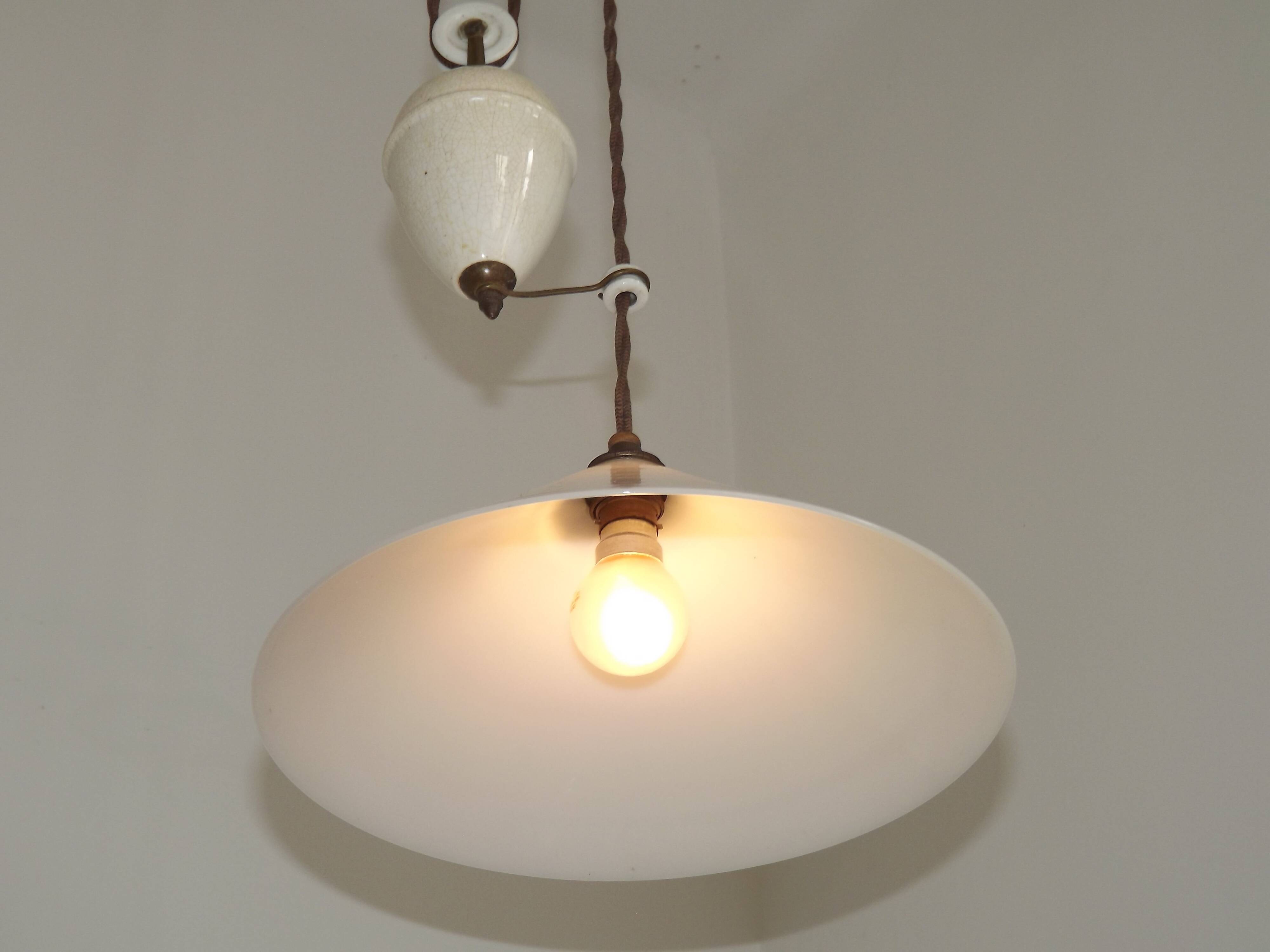 Vintage French Rise & Fall Counterbalance Ceiling Light Opaline Glass Shade