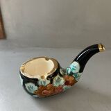 Vallauris pipe-shaped ashtray with blue and gold flowers