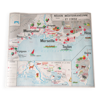 school map Mediterranean Region and Corsica / Massif Central Imprimerie Georges Lang Paris 1950