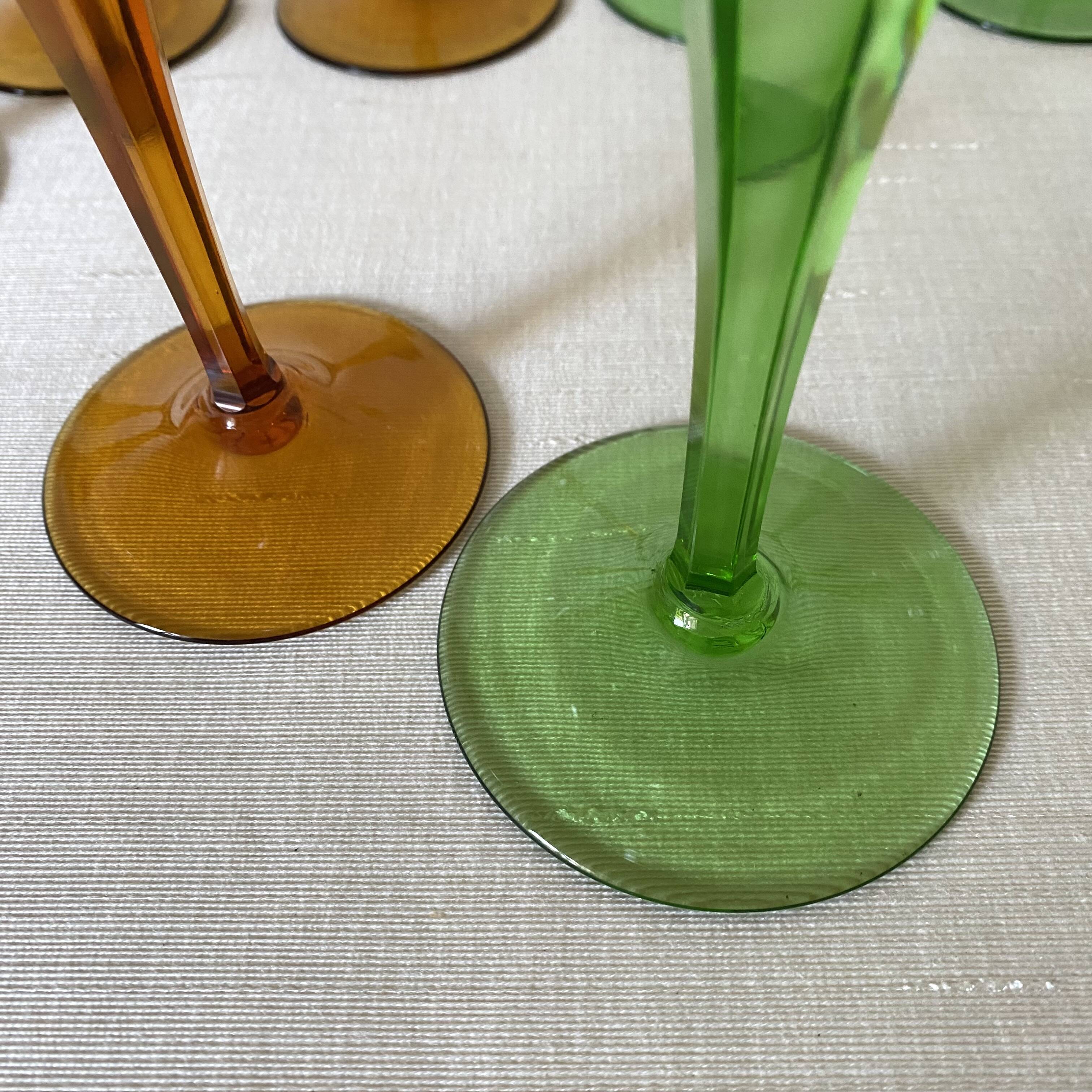Vintage stemmed glasses, green or amber stem