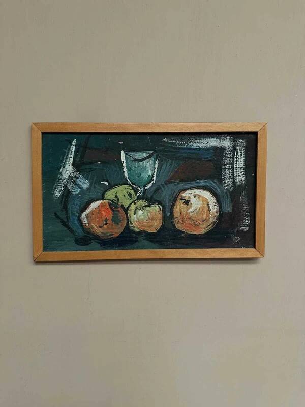 Oil on panel "Still life with fruits" by unknown artist, vintage & framed 43×25cm
