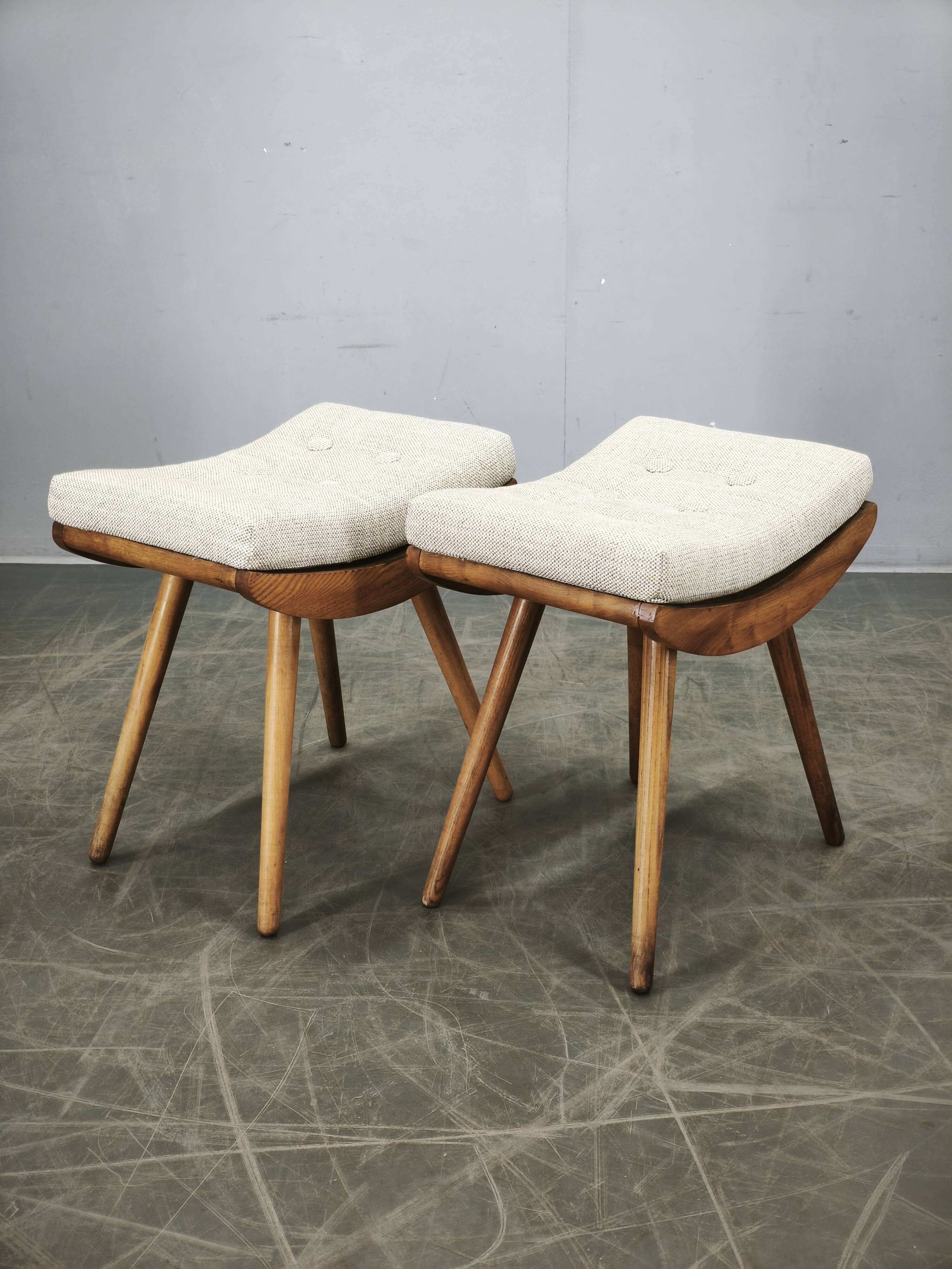 Pair of Mid-Century Beech Stools, Czechoslovakia, 1960s