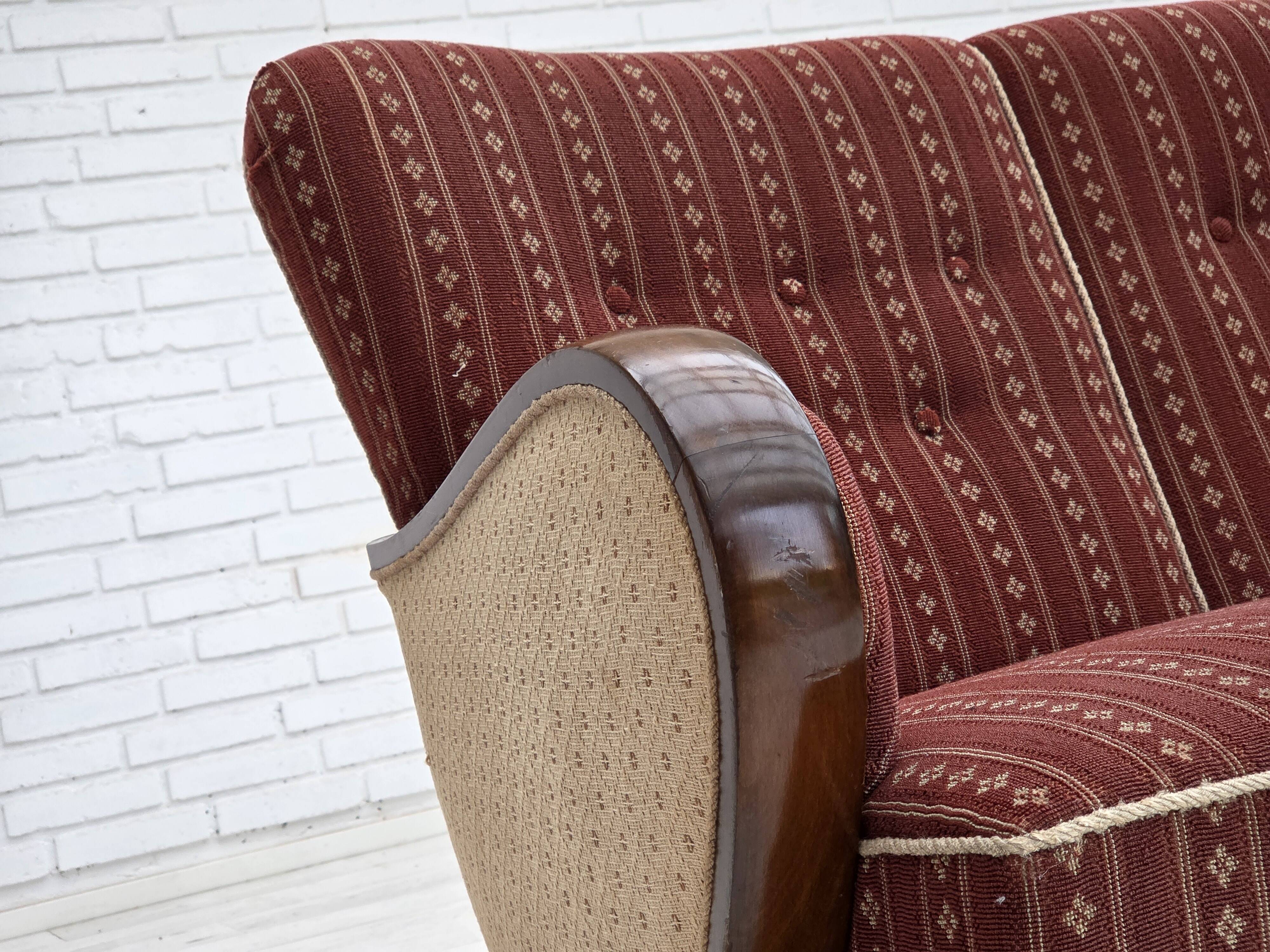 1960s, Danish 3-seater sofa, red furniture wool, beech wood.