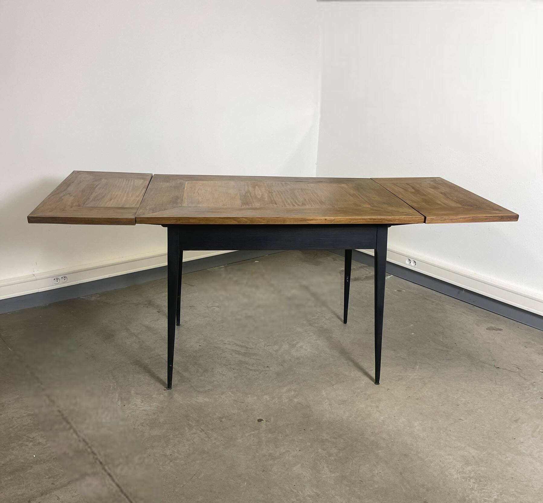 Rectangular extendable wooden table and black steel compass legs with 2 extensions France