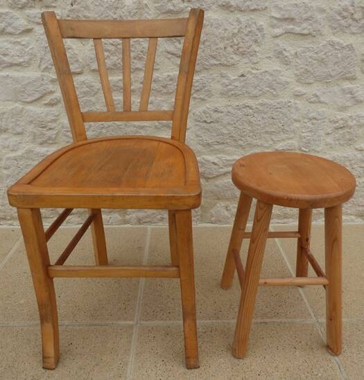 Chair and stool in solid wood in its patina