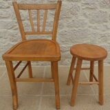 Chair and stool in solid wood in its patina