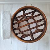 Rattan and boucle fabric pouf